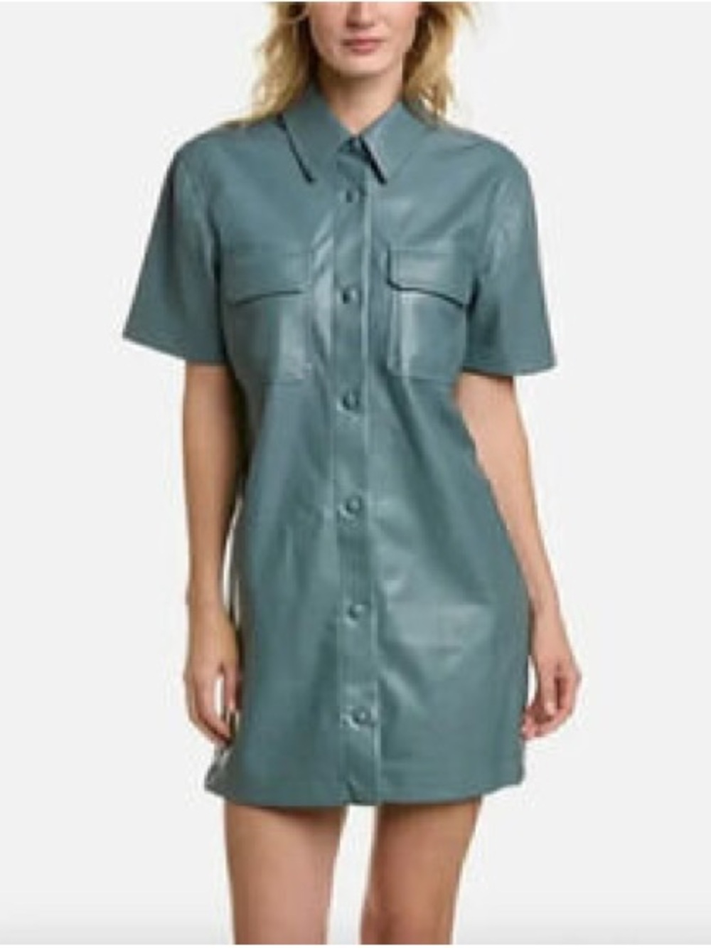 7 For All Mankind Faux Leather Shirt Dress in Dusty Teal